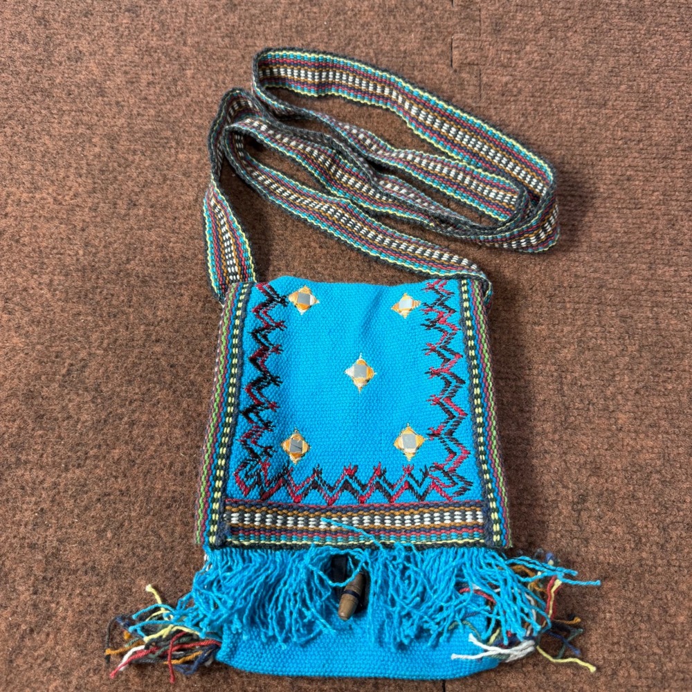 Handmade Nepal Cotton Crossbody Bag Turquoise Boho Mirror‎ Fringe Pouch A+ rare